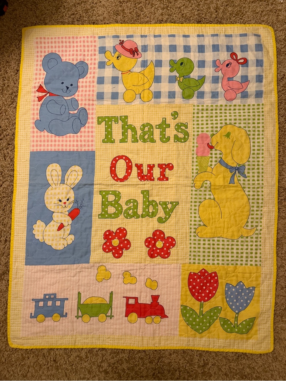Vintage Handmade Baby Quilt "That's Our Baby" Colorful Patchwork